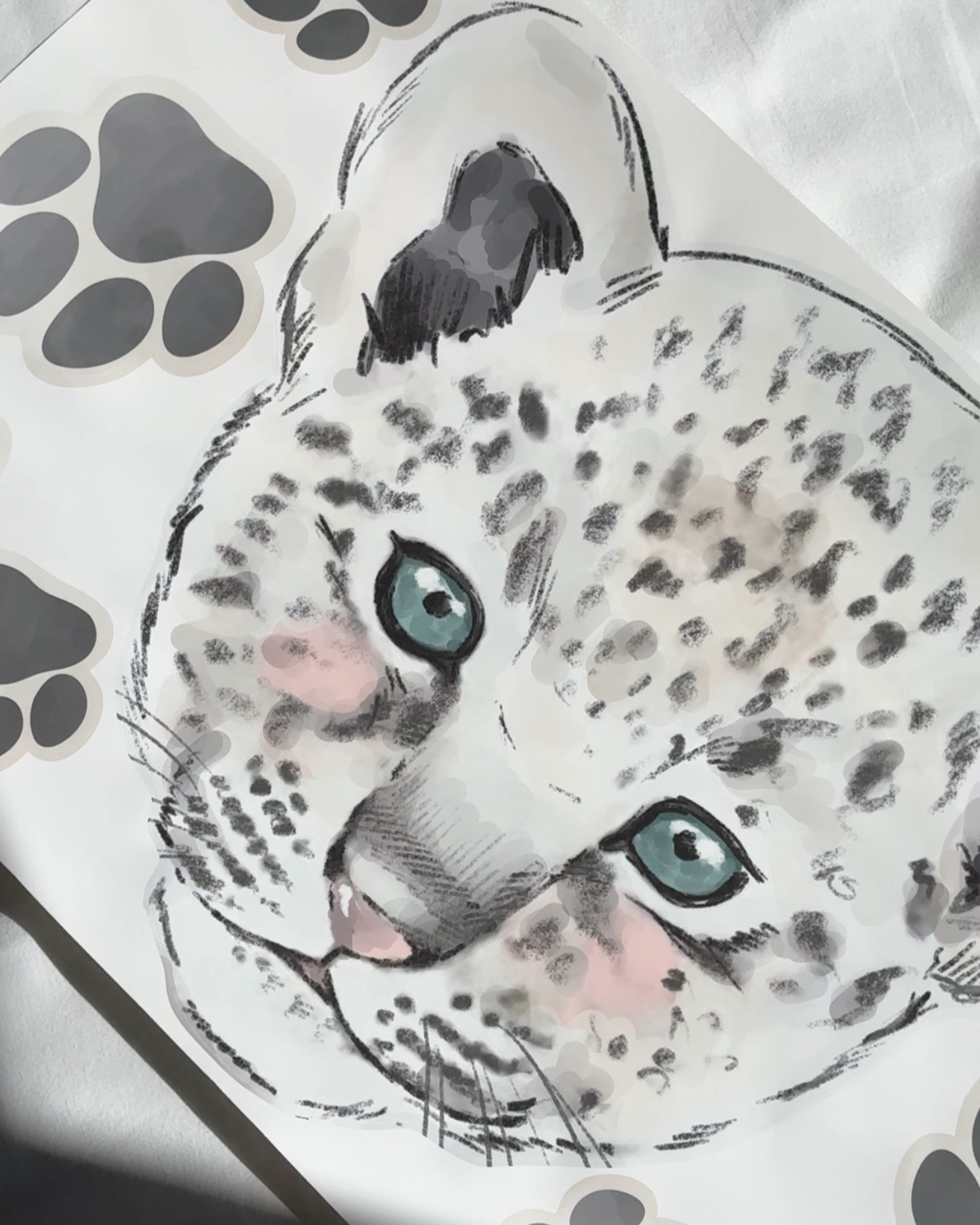Snow Leopard With Paw Prints Fabric Wall Decals