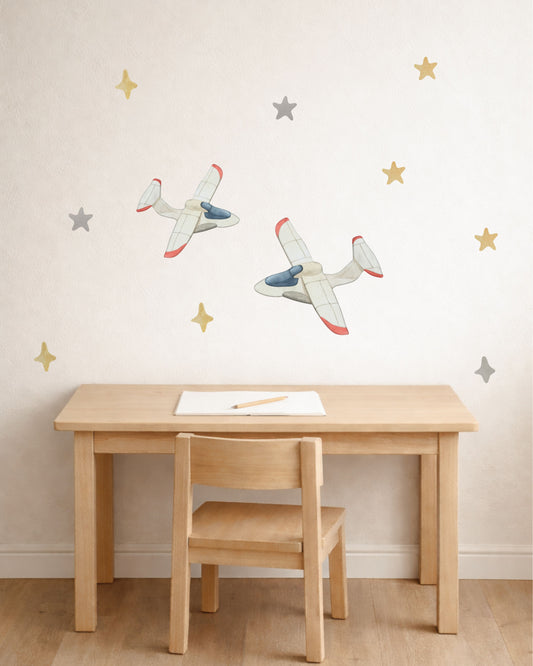 Airplane & Stars Fabric Wall Decals: Watercolor Nursery Decor, Reusable